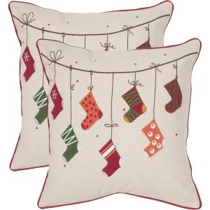 Safavieh Pillow Collection Throw Pillows, 18 by 18-Inch, Holiday Stockings Beige and Red, Set of 2