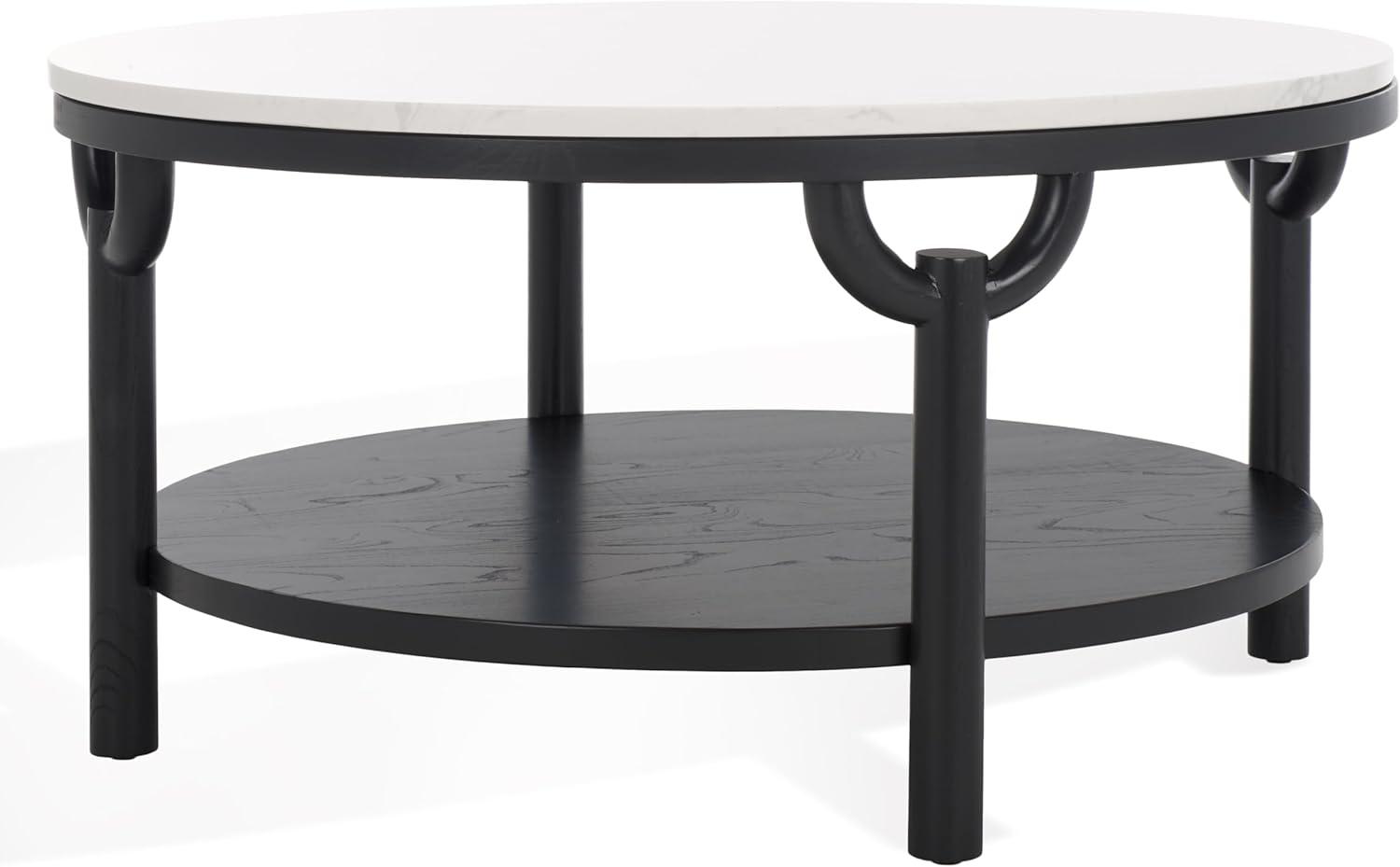 image:imageSAFAVIEH Couture Collection Puck Natural Solid WoodWhite Marble Top Round Coffee TableBlackWhite