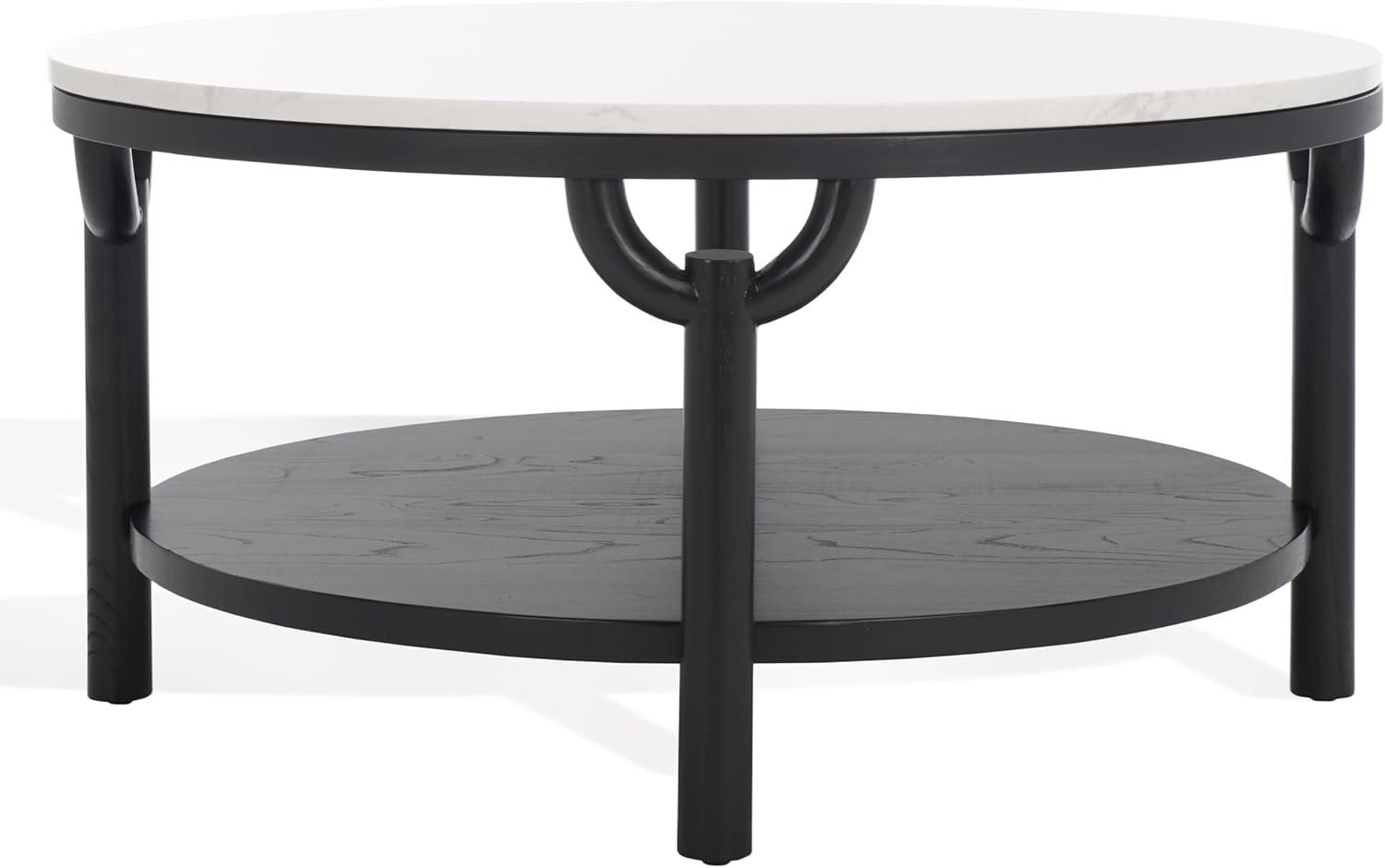 image:imageSAFAVIEH Couture Collection Puck Natural Solid WoodWhite Marble Top Round Coffee TableBlackWhite