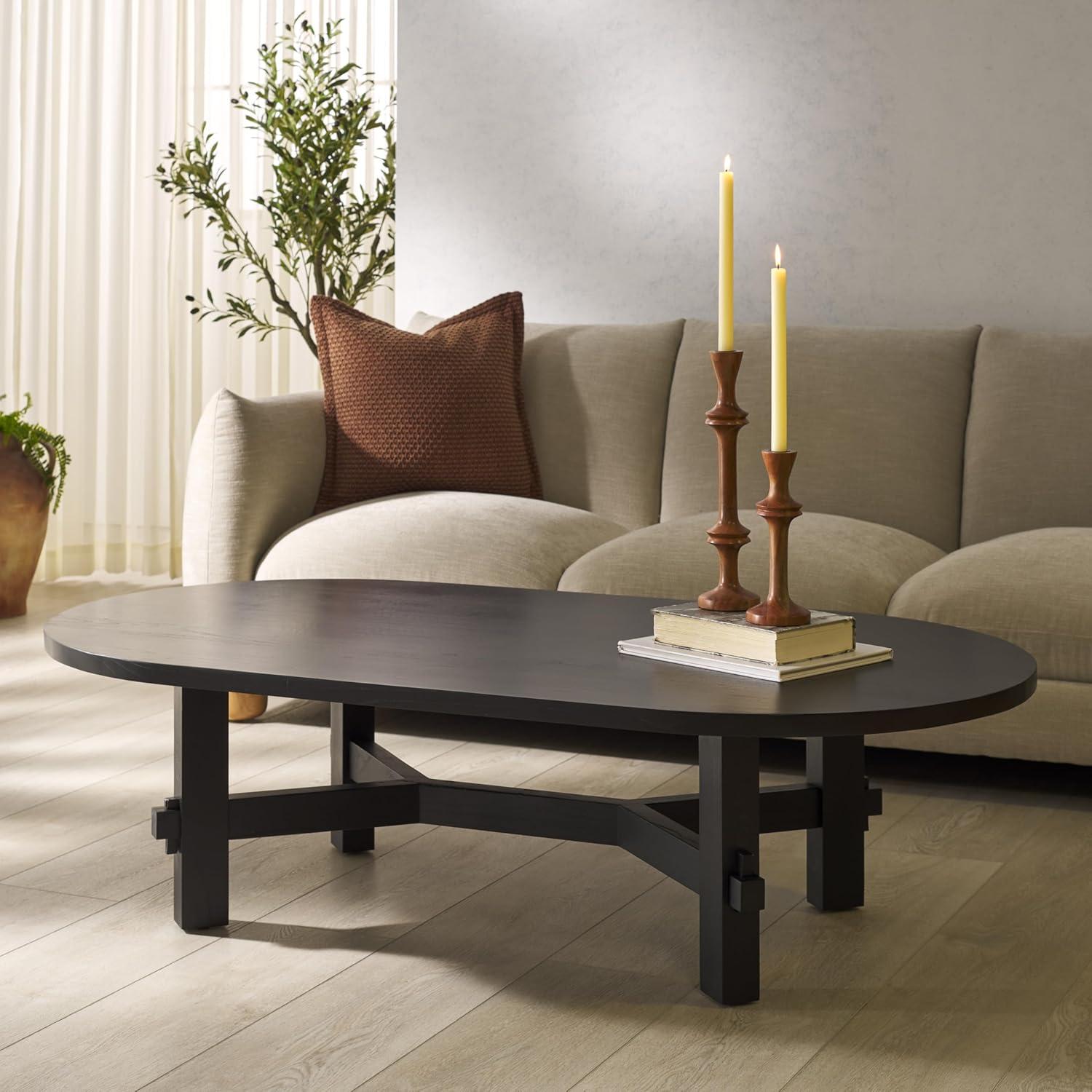 image:imageSAFAVIEH Couture Collection Tabytha Farmhouse Natural Solid Wood Oval Coffee TableBlack