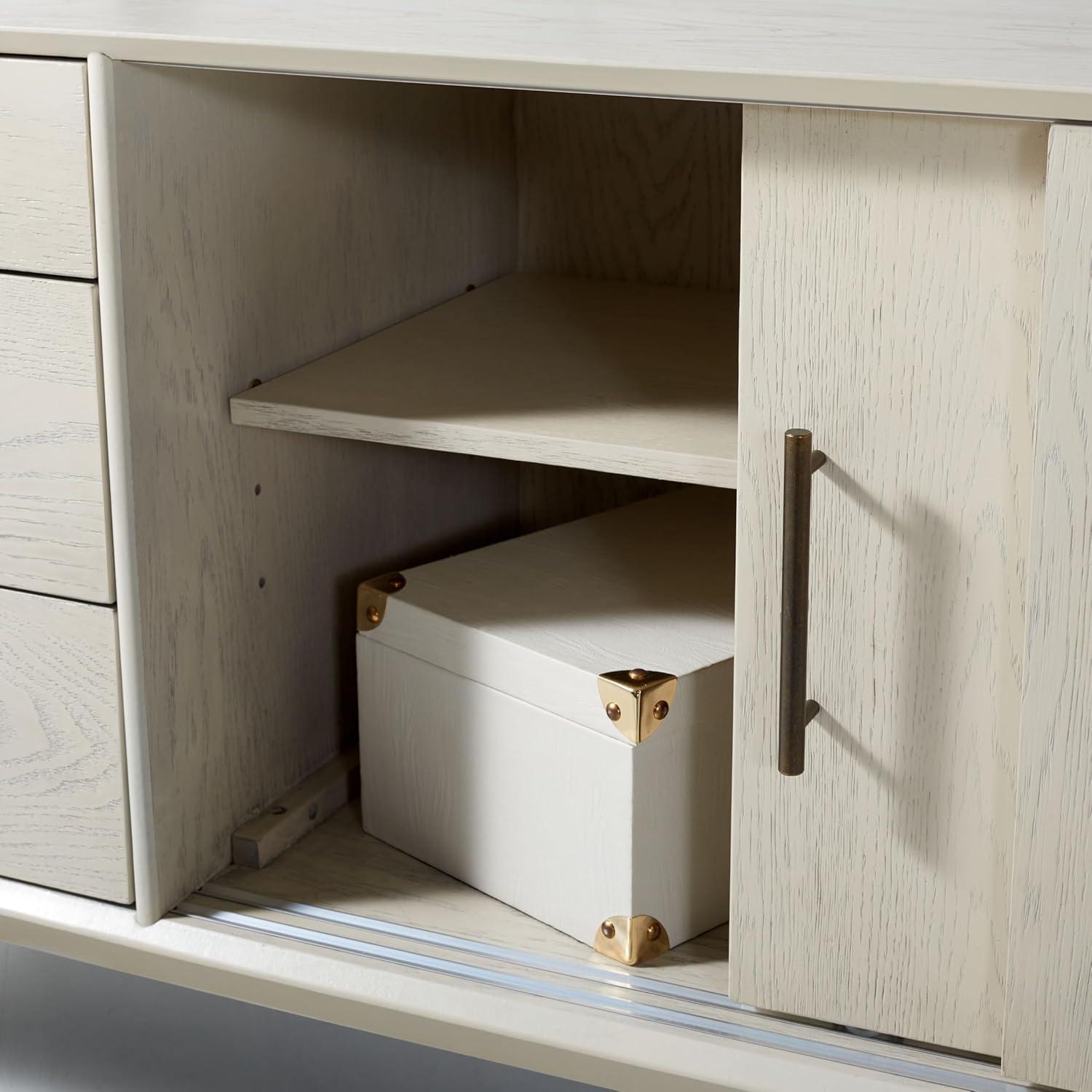 image:imageSAFAVIEH Couture Collection Tomas MidCentury White Washed 3Drawer Sliding Door Entertainment Media Stand Fits up to a 65 Flatscreen TVWhite Washed