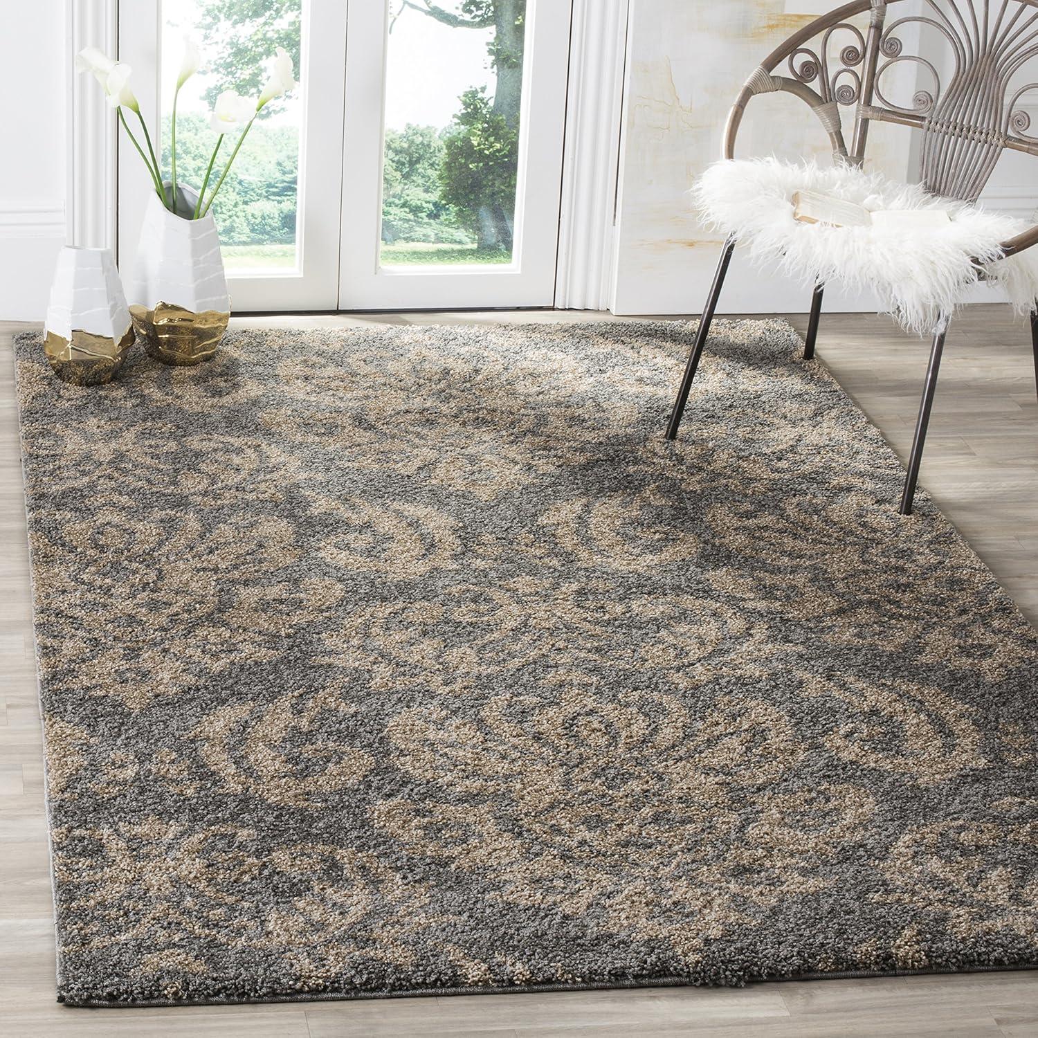 image:imageSAFAVIEH Florida Shag Collection Area Rug 86 x 12 Smoke amp Beige Damask Design NonShedding amp Easy Care 12inch Thick Ideal for High Traffic Areas in Living Room Bedroom SG4607913GreyBeige