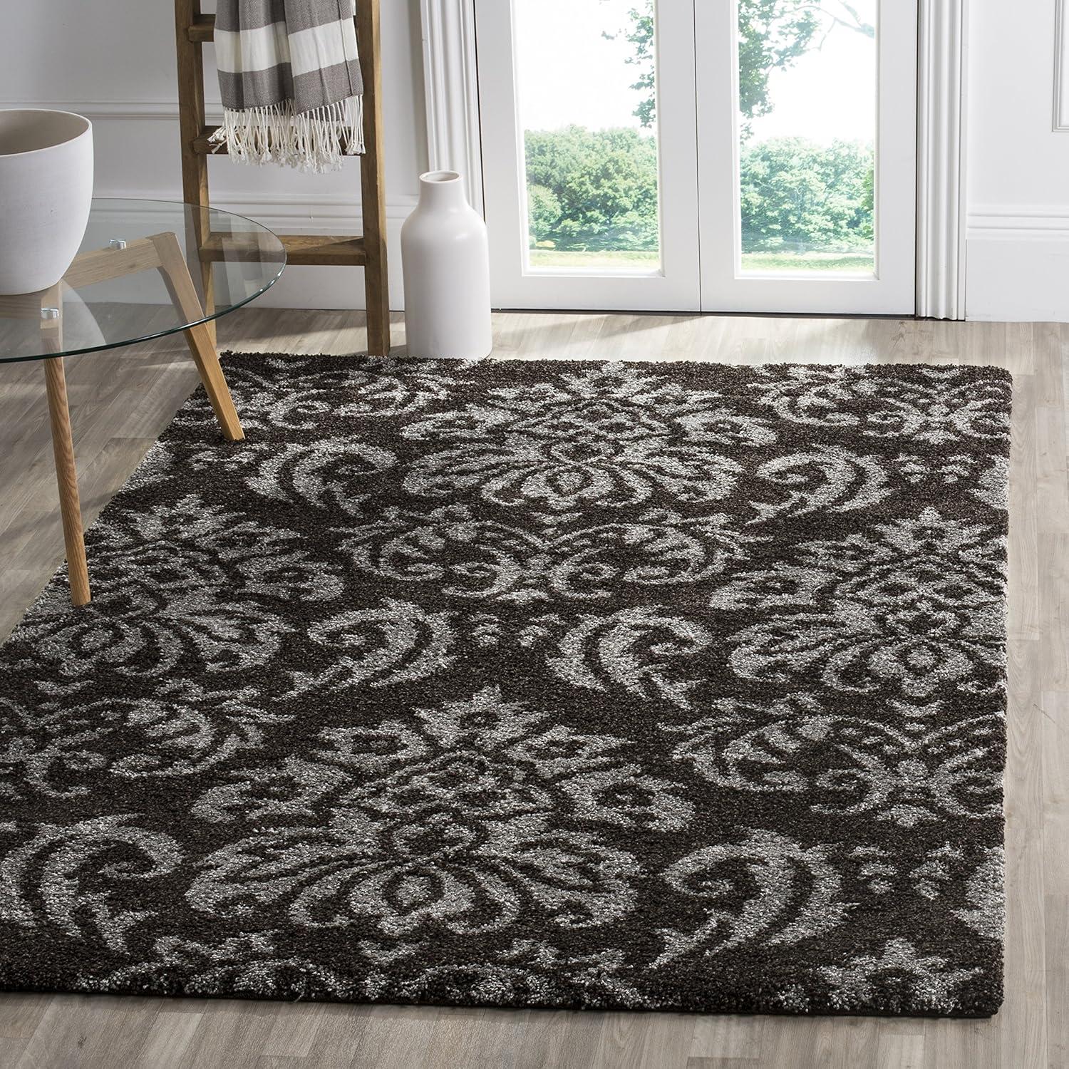 image:imageSAFAVIEH Florida Shag Collection Area Rug 86 x 12 Smoke amp Beige Damask Design NonShedding amp Easy Care 12inch Thick Ideal for High Traffic Areas in Living Room Bedroom SG4607913Dark BrownSmoke