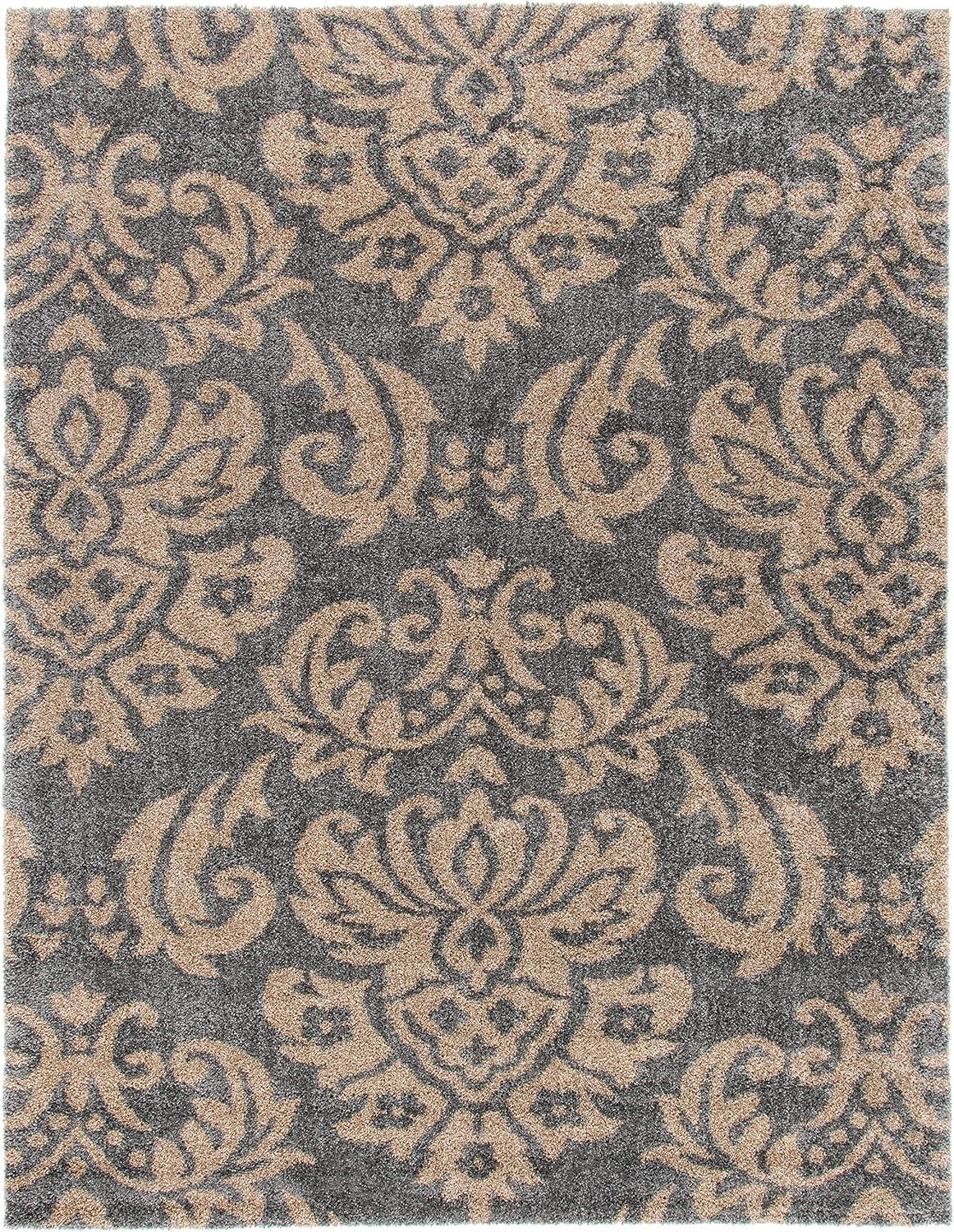 image:imageSAFAVIEH Florida Shag Collection Area Rug 86 x 12 Smoke amp Beige Damask Design NonShedding amp Easy Care 12inch Thick Ideal for High Traffic Areas in Living Room Bedroom SG4607913GreyBeige
