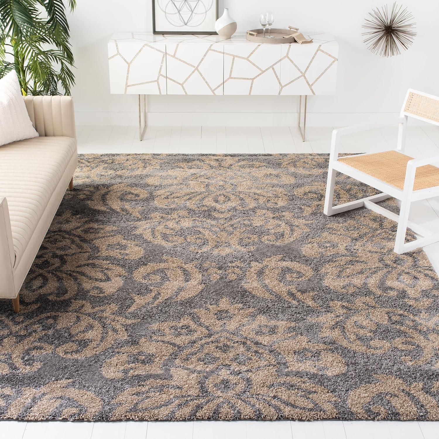 image:imageSAFAVIEH Florida Shag Collection Area Rug 86 x 12 Smoke amp Beige Damask Design NonShedding amp Easy Care 12inch Thick Ideal for High Traffic Areas in Living Room Bedroom SG4607913GreyBeige