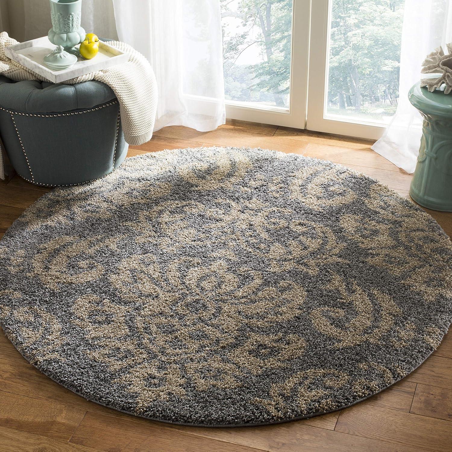 image:imageSAFAVIEH Florida Shag Collection Area Rug 86 x 12 Smoke amp Beige Damask Design NonShedding amp Easy Care 12inch Thick Ideal for High Traffic Areas in Living Room Bedroom SG4607913GreyBeige