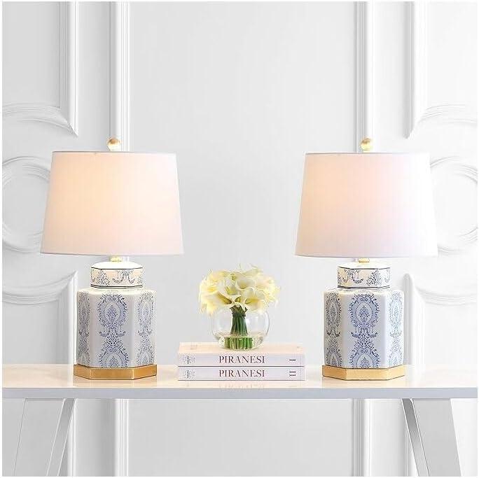 image:imageSAFAVIEH Lighting Collection Bodin Set of 2 Blue amp White Ceramic Table Lamps with Gold Leaf Accents 23Inch Bedroom or Living Room Lamps LED Bulbs Included TBL4150ASET2