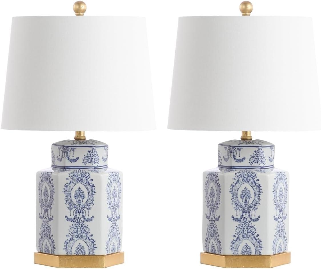 image:imageSAFAVIEH Lighting Collection Bodin Set of 2 Blue amp White Ceramic Table Lamps with Gold Leaf Accents 23Inch Bedroom or Living Room Lamps LED Bulbs Included TBL4150ASET2