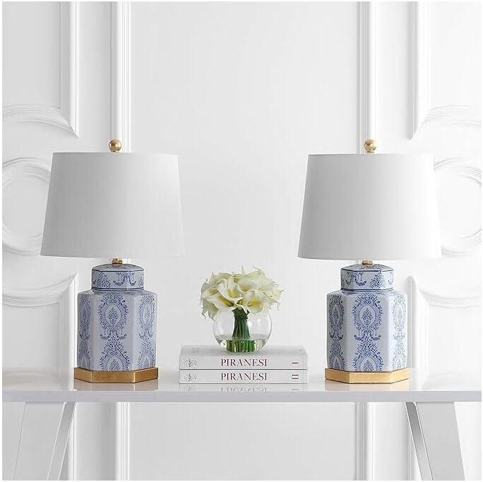 image:imageSAFAVIEH Lighting Collection Bodin Set of 2 Blue amp White Ceramic Table Lamps with Gold Leaf Accents 23Inch Bedroom or Living Room Lamps LED Bulbs Included TBL4150ASET2