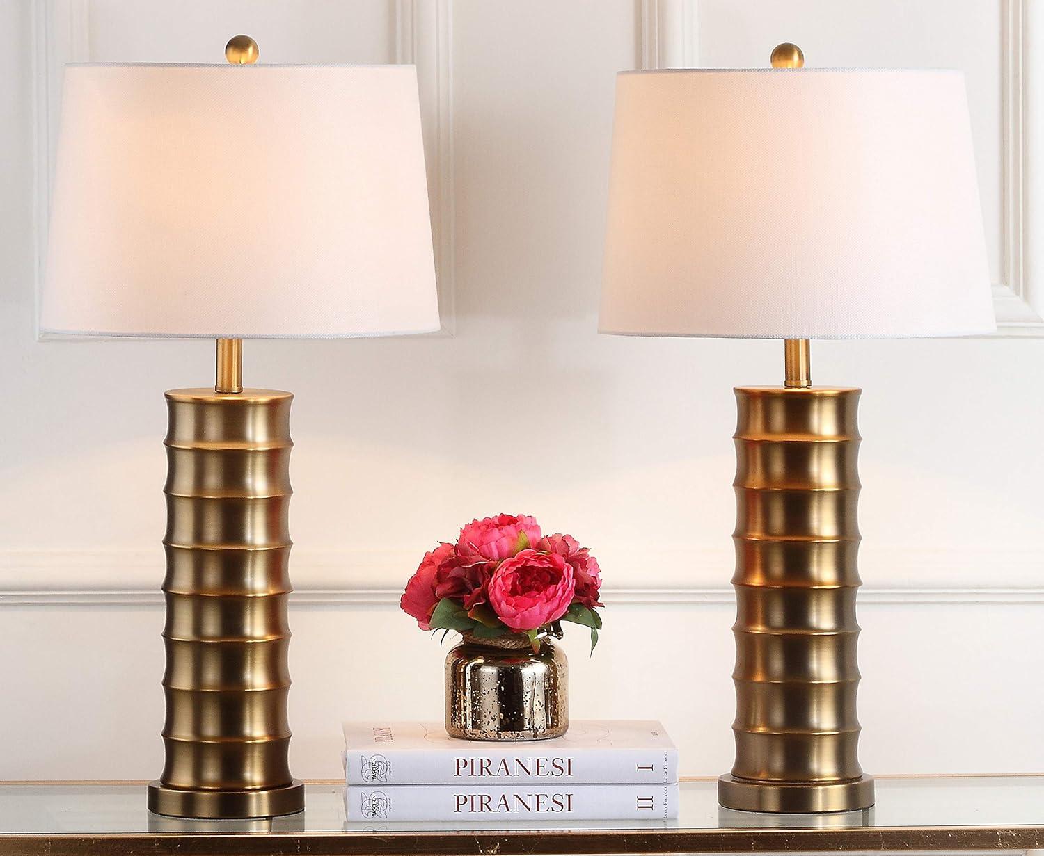 image:imageSAFAVIEH Lighting Collection Linus Farmhouse Brass Column Gold 29inch Bedroom Living Room Home Office Desk Nightstand Table Lamp Set of 2 LED Bulbs Included