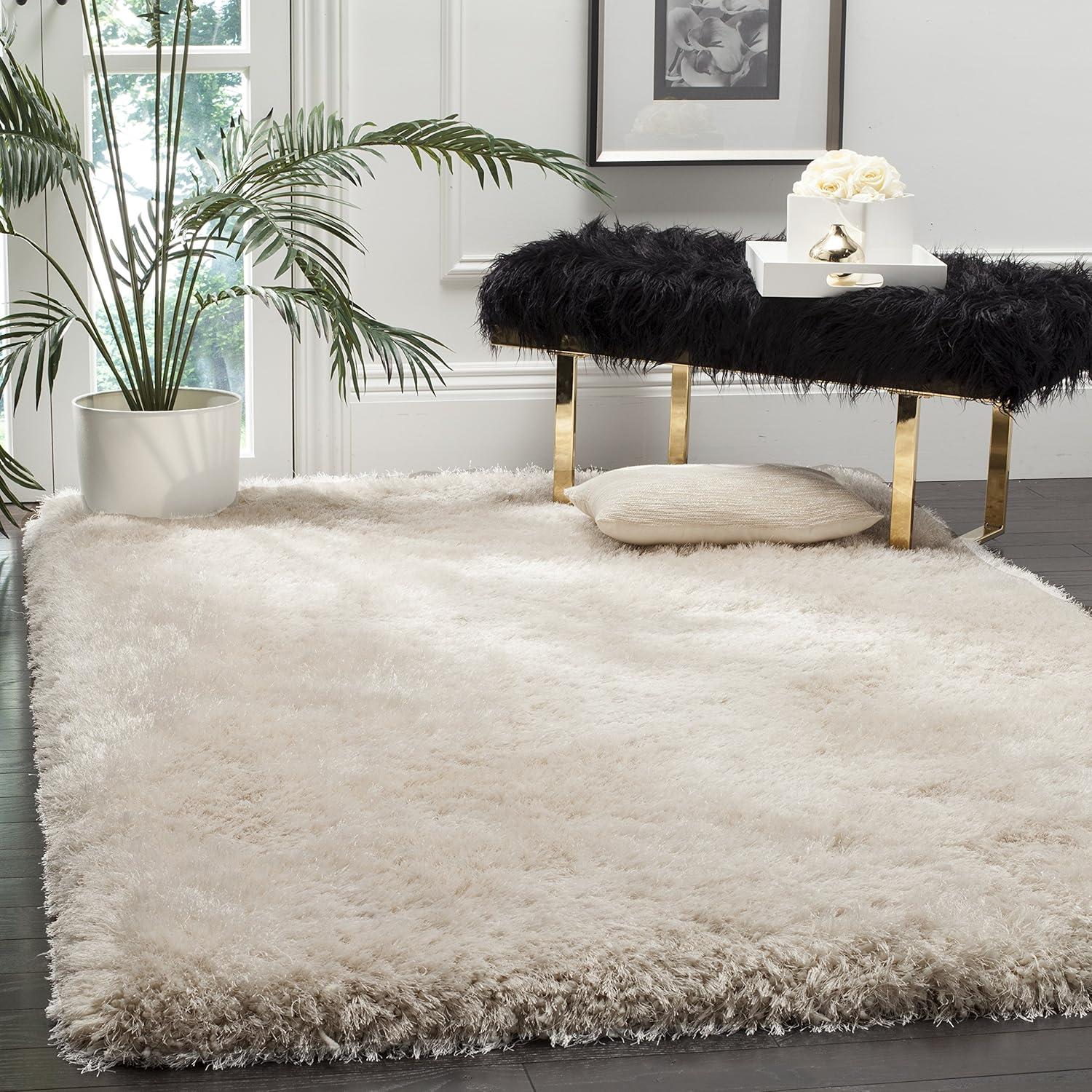 image:imageSAFAVIEH Luxe Shag Collection Area Rug 5 x 8 Ivory Handmade Glam 32inch Thick Ideal for High Traffic Areas in Living Room Bedroom SGX160ABone