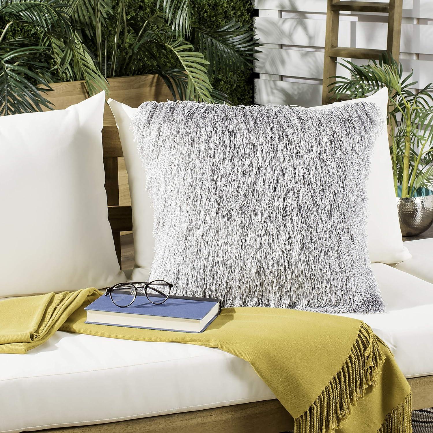 image:imageSAFAVIEH Soleil IndoorOutdoor Shag Throw Pillow 22x22 ChampagneSilver