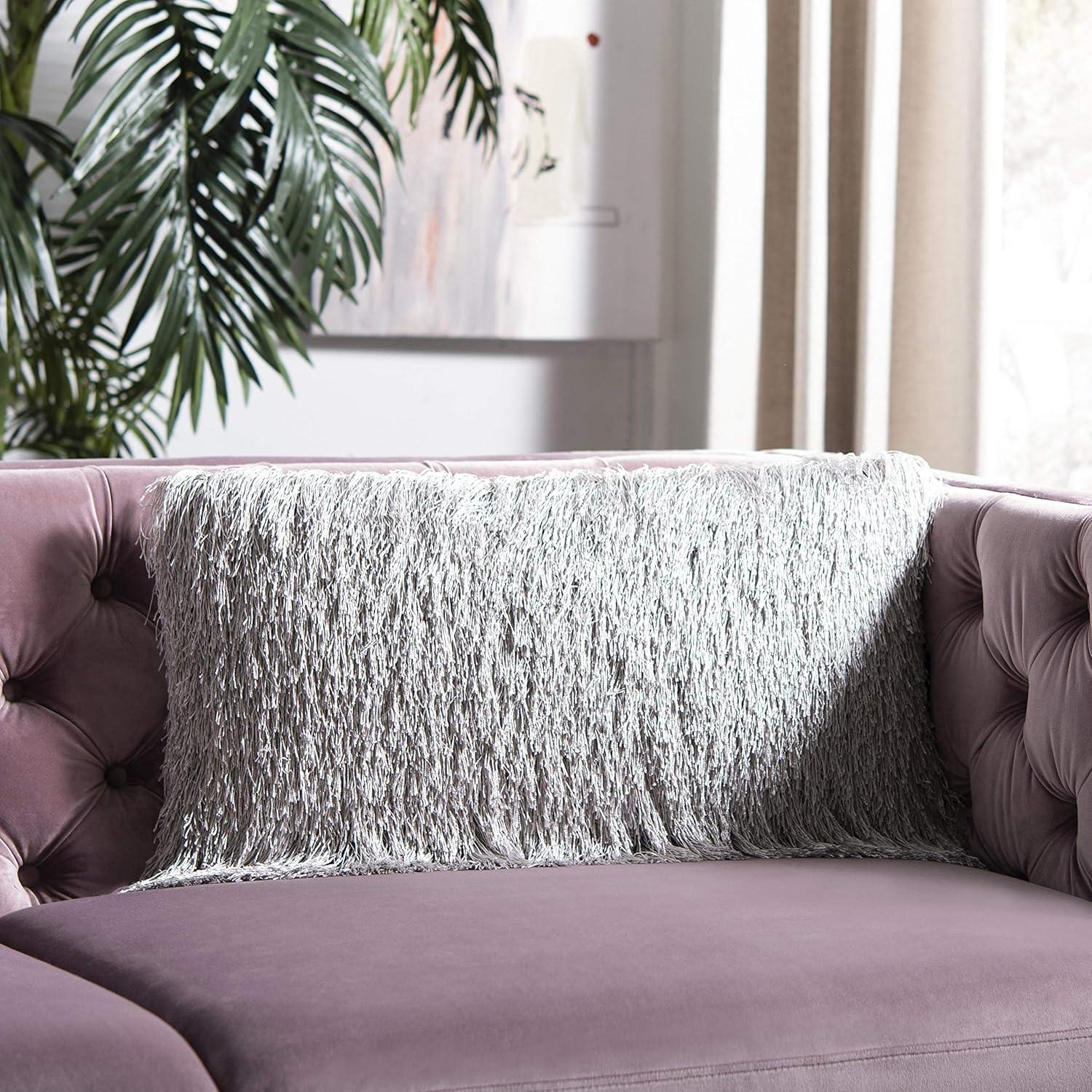 image:imageSAFAVIEH Soleil IndoorOutdoor Shag Throw Pillow 22x22 ChampagneSilver