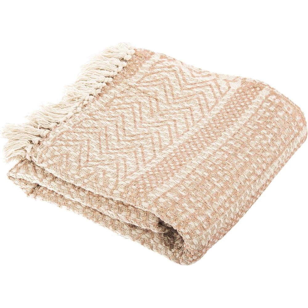 image:imageSAFAVIEH Becks Fringe Throw Blanket 60x72 CopperBeigeCopper Beige