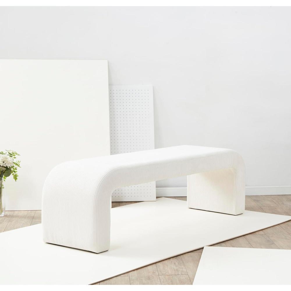 image:imageSAFAVIEH Couture Collection Caralynn Brown Chenille Upholstered Bench Modern Waterfall Curved Silhouette Fully Assembled SFV5027SCreme