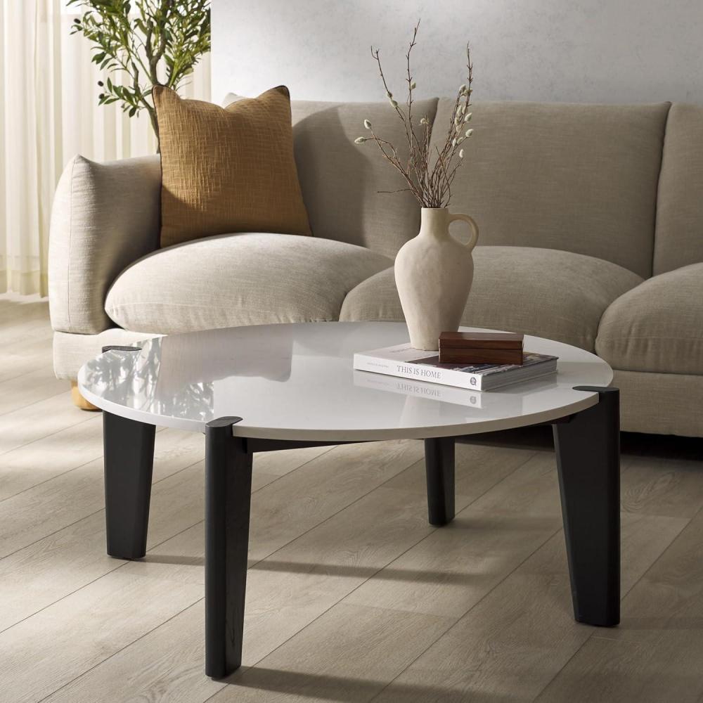 image:imageSAFAVIEH Couture Collection Garcia Natural Solid WoodWhite Marble Top Round Coffee TableBlackWhite
