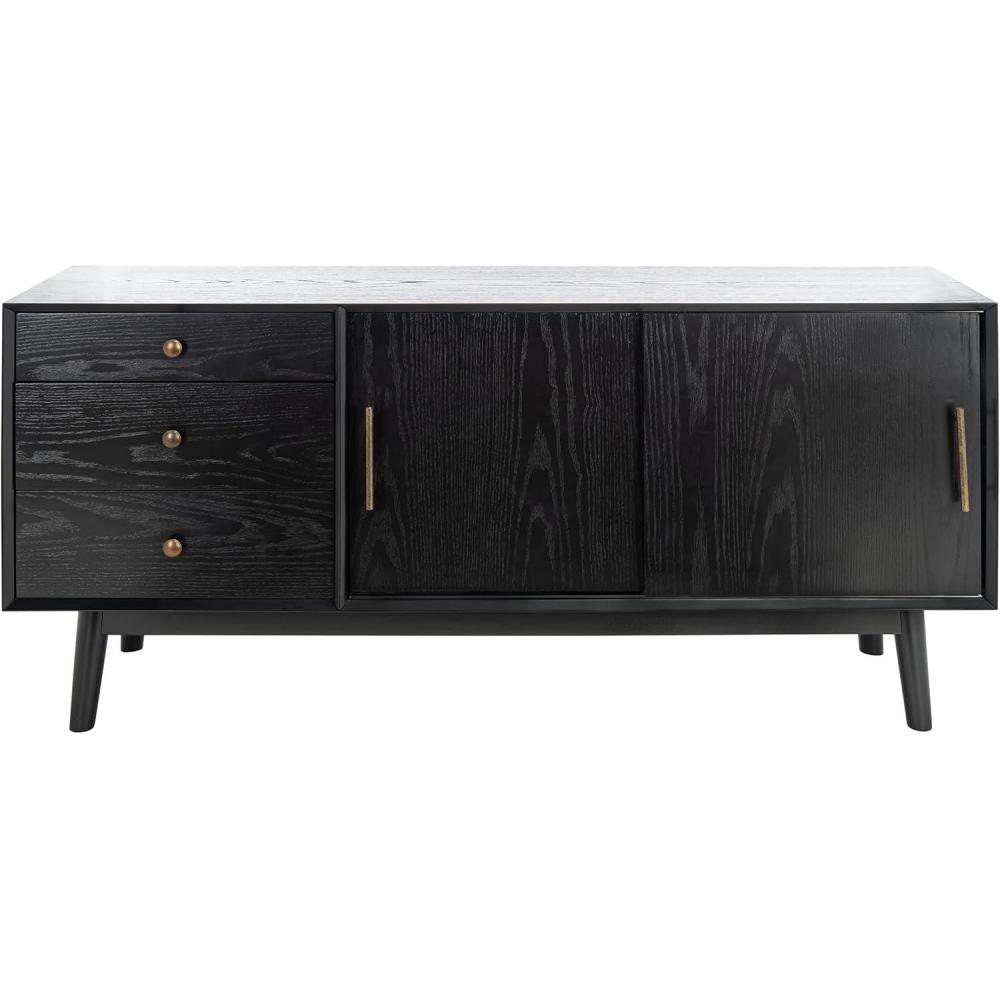 image:imageSAFAVIEH Couture Collection Tomas MidCentury White Washed 3Drawer Sliding Door Entertainment Media Stand Fits up to a 65 Flatscreen TVBlack