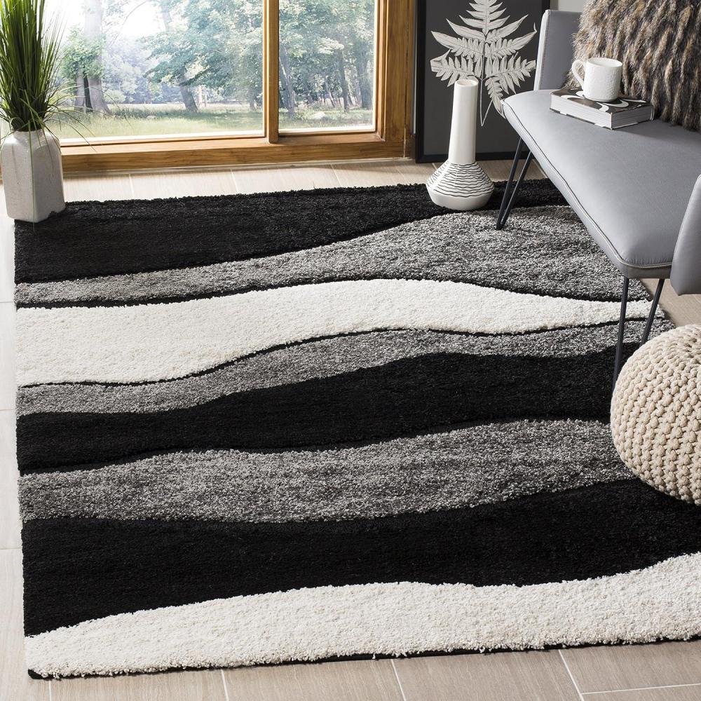 image:imageSAFAVIEH Florida Shag Collection Area Rug  6 x 9 Ivory amp Grey Abstract Design NonShedding amp Easy Care 12inch Thick Ideal for High Traffic Areas in Living Room Bedroom SG4751180GreyBlack