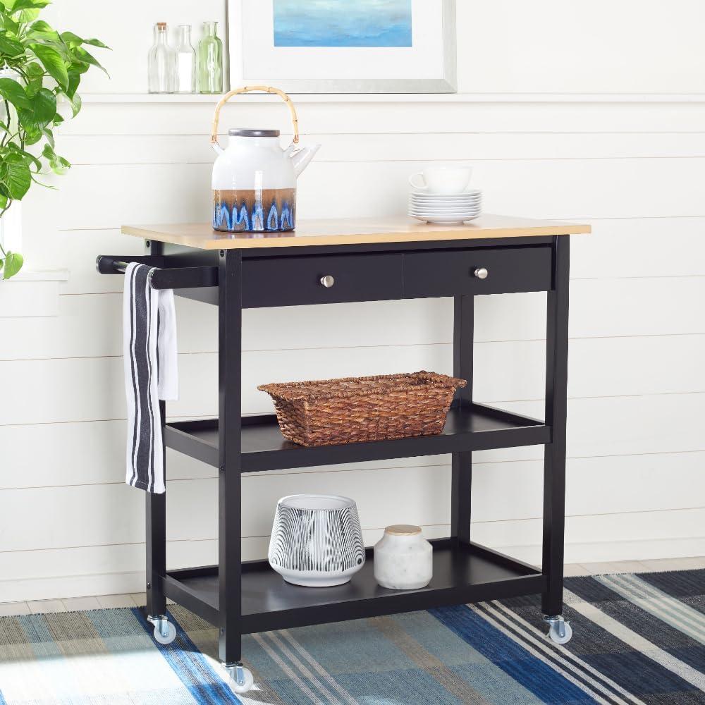 image:imageSAFAVIEH Home Collection Cohyn NaturalWhite 1Drawer 2Shelf Storage Dining Room Trolley Kitchen Cart with Wheels KCH1401BNaturalBlack