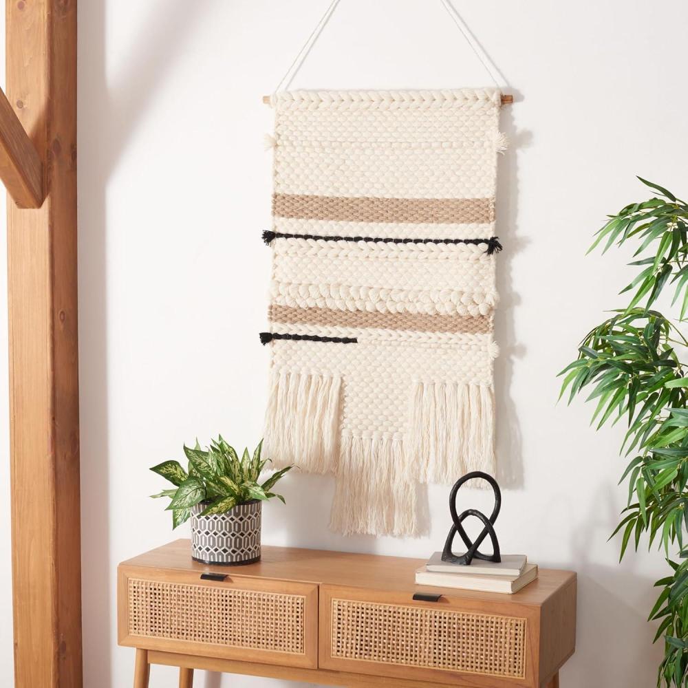 image:imageSAFAVIEH Home Collection Sedona 119 IvoryBlack Boho Tribal Woven Wool amp Linen Tassel Fringe Tapestry Hanging Wall Art