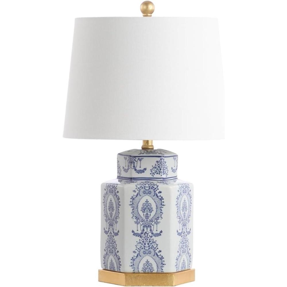image:imageSAFAVIEH Lighting Collection Bodin Set of 2 Blue amp White Ceramic Table Lamps with Gold Leaf Accents 23Inch Bedroom or Living Room Lamps LED Bulbs Included TBL4150ASET2