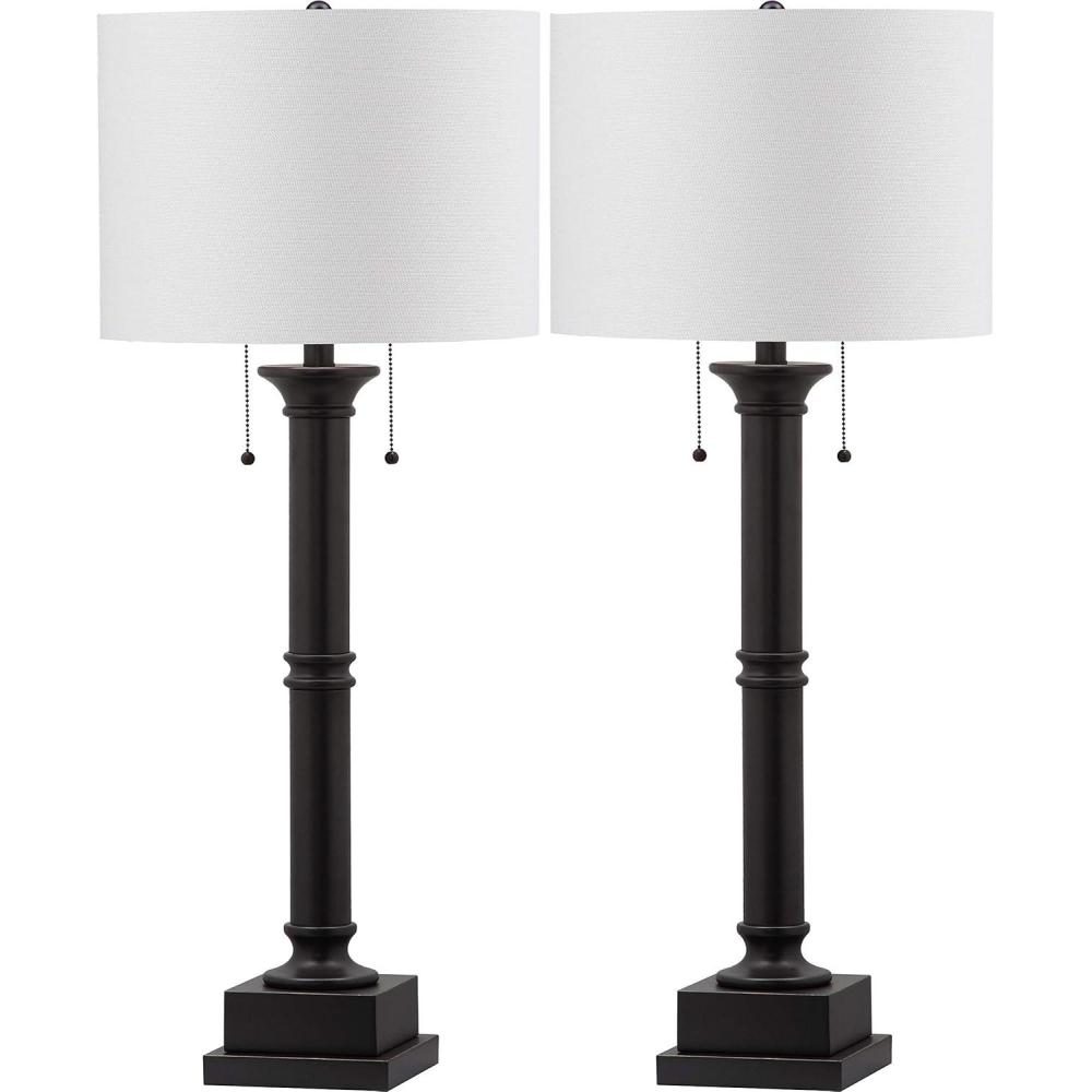 image:imageSAFAVIEH Lighting Collection Estilo Column Farmhouse Pull Chain Dark Grey 36inch Bedroom Living Room Home Office Desk Nightstand Table Lamp Set of 2 LED Bulbs Included