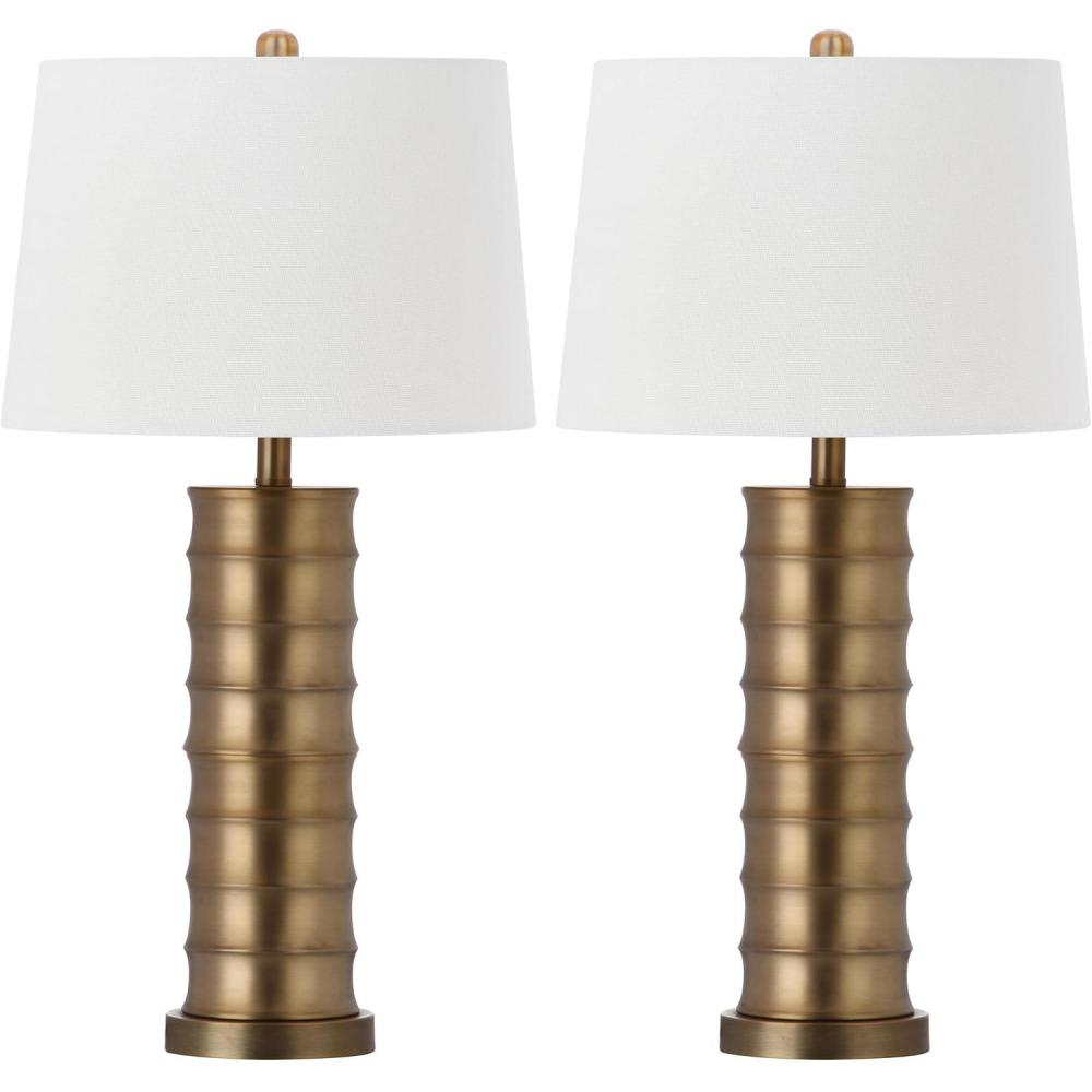 image:imageSAFAVIEH Lighting Collection Linus Farmhouse Brass Column Gold 29inch Bedroom Living Room Home Office Desk Nightstand Table Lamp Set of 2 LED Bulbs Included