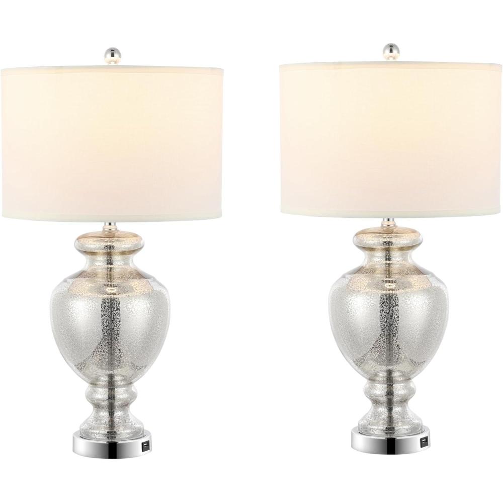 image:imageSAFAVIEH Lighting Collection Morocco Blue Glass 28inch Bedroom Living Room Home Office Desk Nightstand Table Lamp Set of 2 LED Bulbs IncludedMercury Set of 2 with USB