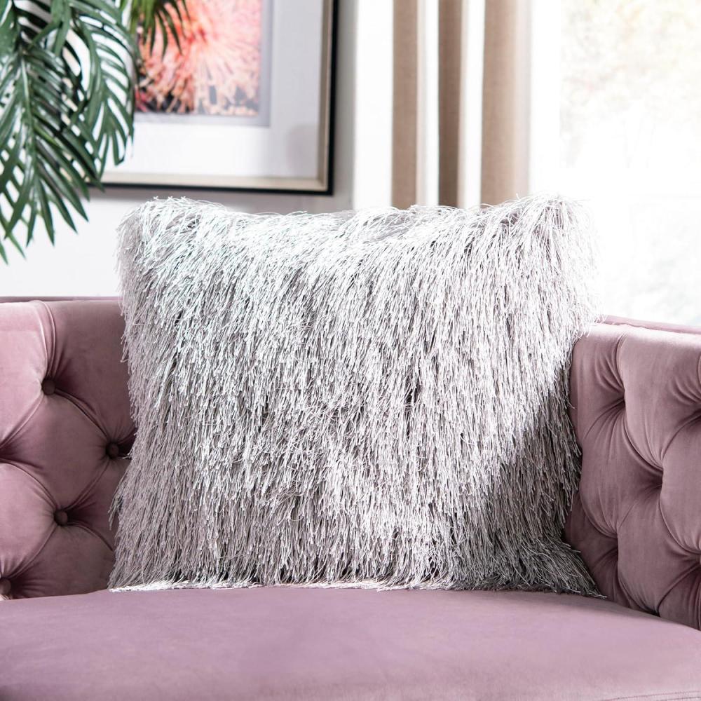 image:imageSAFAVIEH Soleil IndoorOutdoor Shag Throw Pillow 22x22 ChampagneSilver