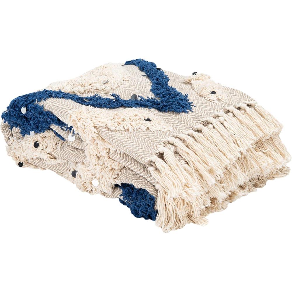image:imageSafavieh Home Collection Lila Grace Boho Grey and Beige Fringe 50 x 60inch Throw BlanketNavy Beige