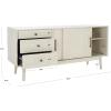 SAFAVIEH Couture Collection Tomas Mid-Century White Washed 3-Drawer Sliding Door Entertainment Media Stand (Fits up to a 65″ Flatscreen TV)(White Washed)