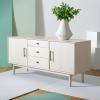 SAFAVIEH Couture Elissa TV Stand for up to 65″ Flatscreen – Mid-Century White Washed, 3 Drawers, 2 Doors with Interior Storage, Entertainment Media Console (SFV2115A)