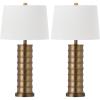 SAFAVIEH Lighting Collection Linus Farmhouse Brass Column Gold 29-inch Bedroom Living Room Home Office Desk Nightstand Table Lamp Set of 2 (LED Bulbs Included)