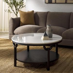SAFAVIEH Couture Collection Puck Natural Solid Wood/White Marble Top Round Coffee Table(Black/White)