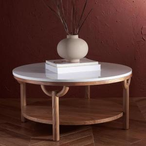 SAFAVIEH Couture Collection Puck Natural Solid Wood/White Marble Top Round Coffee Table(Natural/White)