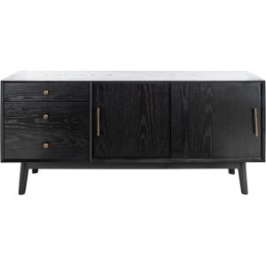 SAFAVIEH Couture Collection Tomas Mid-Century White Washed 3-Drawer Sliding Door Entertainment Media Stand (Fits up to a 65″ Flatscreen TV)(Black)