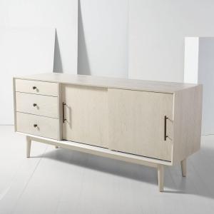 SAFAVIEH Couture Collection Tomas Mid-Century White Washed 3-Drawer Sliding Door Entertainment Media Stand (Fits up to a 65″ Flatscreen TV)(White Washed)
