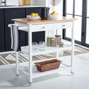 SAFAVIEH Home Collection Cohyn Natural/White 1-Drawer 2-Shelf Storage Dining Room Trolley Kitchen Cart with Wheels KCH1401B(Natural/White)