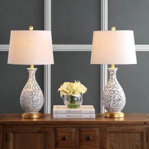 SAFAVIEH Lighting Collection – Avi Scroll Set of 2 Blue & White Chinoiserie Table Lamps, 28-Inch Ceramic Lamps for Bedroom, Living Room, Home Office (TBL4148A-SET2)