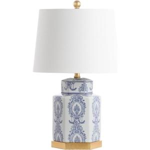 SAFAVIEH Lighting Collection – Bodin Set of 2 Blue & White Ceramic Table Lamps with Gold Leaf Accents, 23-Inch Bedroom or Living Room Lamps, LED Bulbs Included (TBL4150A-SET2)