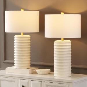 SAFAVIEH Lighting Collection – Melina Bone & White Washed Distressed 29-Inch Table Lamps, Set of 2, Rustic Farmhouse Design with LED Bulbs Included (TBL4121B-SET2)(Bone)