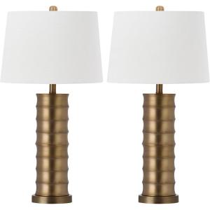 SAFAVIEH Lighting Collection Linus Farmhouse Brass Column Gold 29-inch Bedroom Living Room Home Office Desk Nightstand Table Lamp Set of 2 (LED Bulbs Included)
