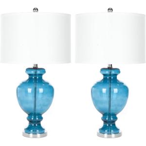 SAFAVIEH Lighting Collection Morocco Blue Glass 28-inch Bedroom Living Room Home Office Desk Nightstand Table Lamp Set of 2 (LED Bulbs Included)(Blue – Set of 2)