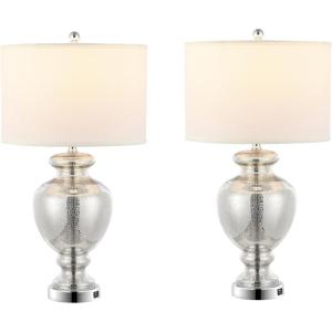 SAFAVIEH Lighting Collection Morocco Blue Glass 28-inch Bedroom Living Room Home Office Desk Nightstand Table Lamp Set of 2 (LED Bulbs Included)(Mercury – Set of 2 with USB)