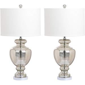 SAFAVIEH Lighting Collection Morocco Blue Glass 28-inch Bedroom Living Room Home Office Desk Nightstand Table Lamp Set of 2 (LED Bulbs Included)(Mercury – Set of 2)