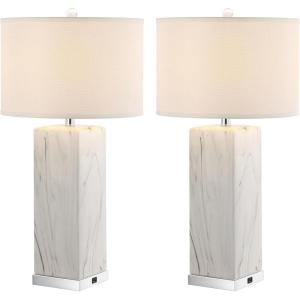 SAFAVIEH Lighting Collection Olympia Modern Contemporary Black/ White Marble Ceramic 29-inch Bedroom Living Room Home Office Desk Nightstand Table Lamp Set of 2 (LED Bulbs Included)(Black/White – with USB)