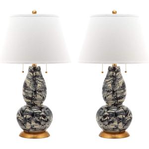 Safavieh Lighting Collection Color Swirls Glass Navy and White Table Lamp, Set of 2(Black/White – Set of 2)