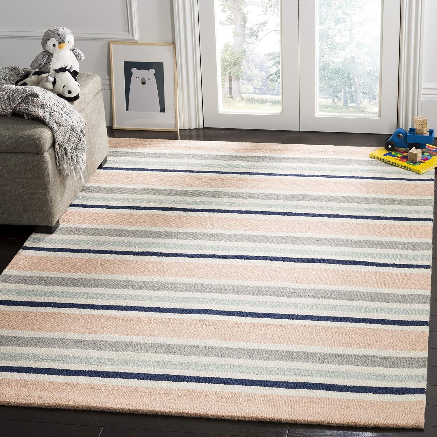 image:imageSAFAVIEH Kids Collection Area Rug 5 x 7 Ivory amp Multi Handmade Stripe Wool Ideal for High Traffic Areas in Living Room Bedroom SFK916AIvoryMulti