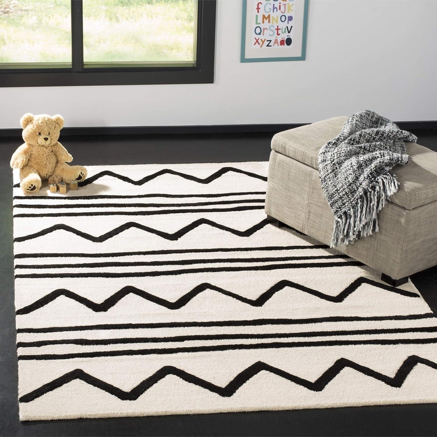 image:imageSAFAVIEH Kids Collection Area Rug 5 x 7 Navy amp Ivory Handmade Moroccan Wool Ideal for High Traffic Areas in Living Room Bedroom SFK907NIvoryBlack
