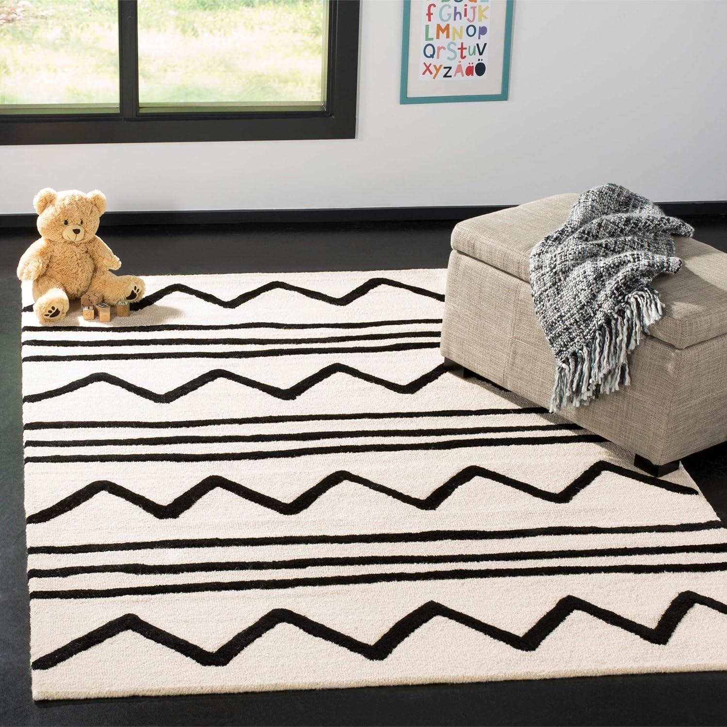 image:imageSAFAVIEH Kids Collection Area Rug 5 x 7 Navy amp Ivory Handmade Moroccan Wool Ideal for High Traffic Areas in Living Room Bedroom SFK907NIvoryBlack